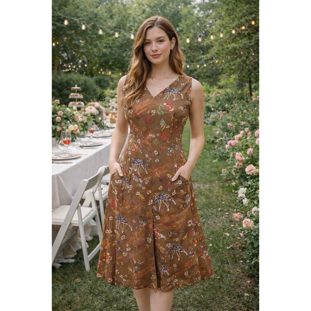 Frock Shop Silk Blend Midi Dress Brown Fairycore Woodland Print Sleeveless SizeM